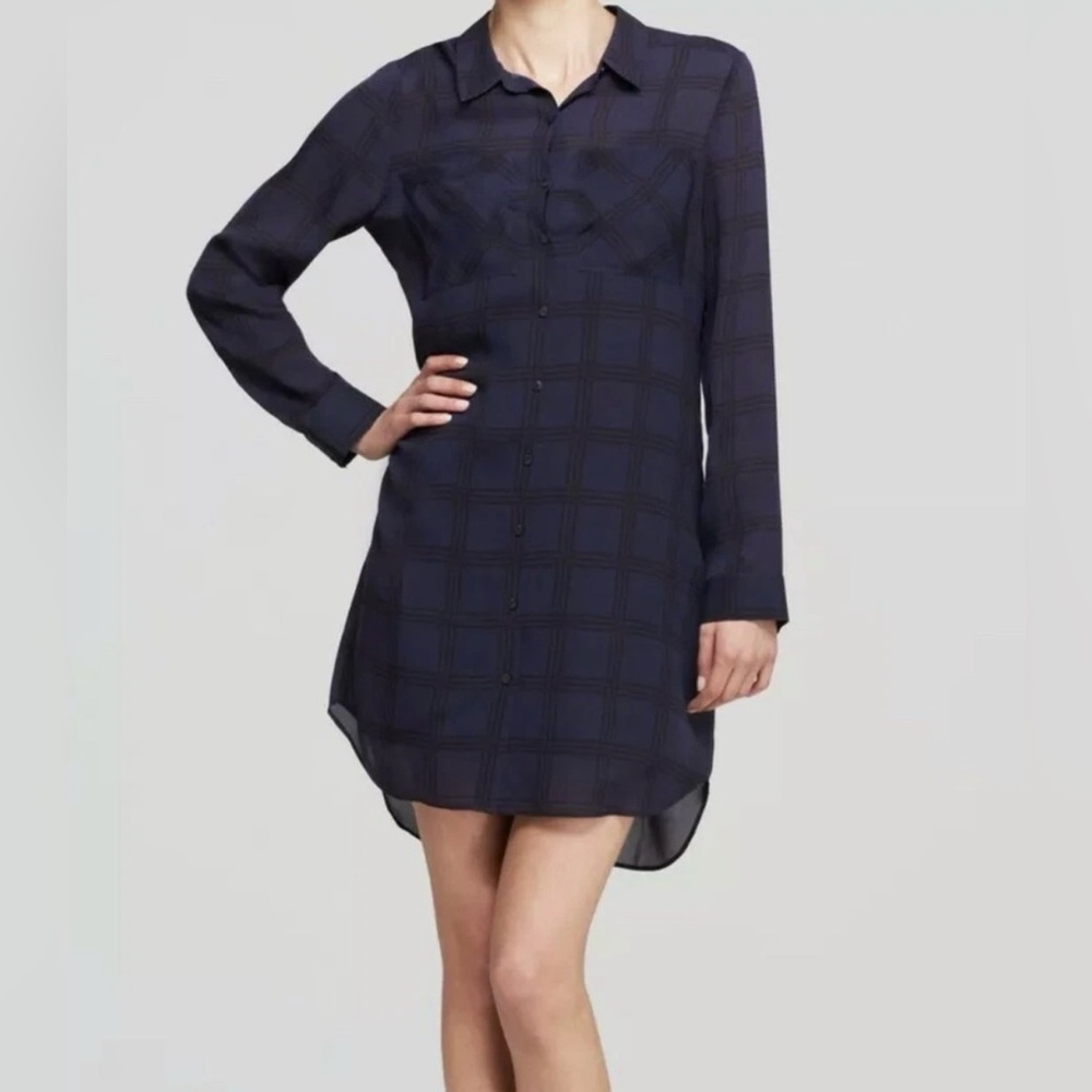 The Fisher Project Silk Blue & Black Plaid Long Sleeve Button Shirt Dress Medium